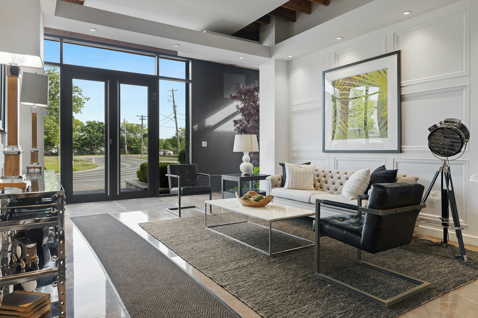 a living room with a large glass door